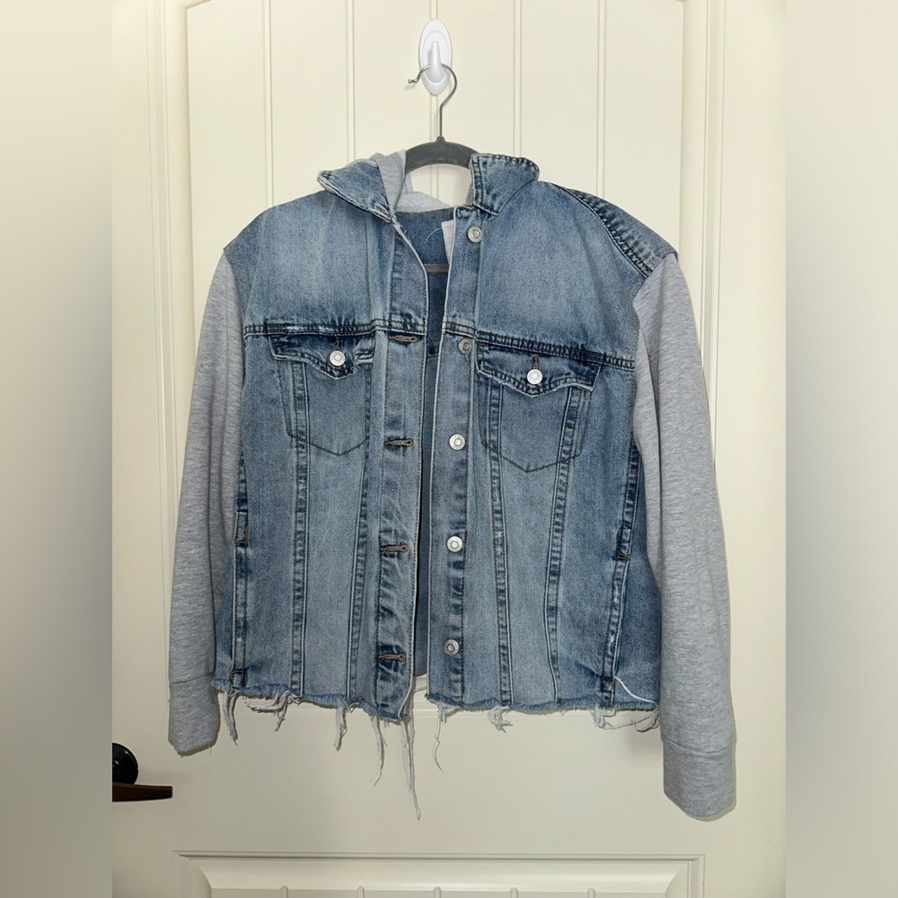 Kensie Blue Denim Jacket with Gray Hood